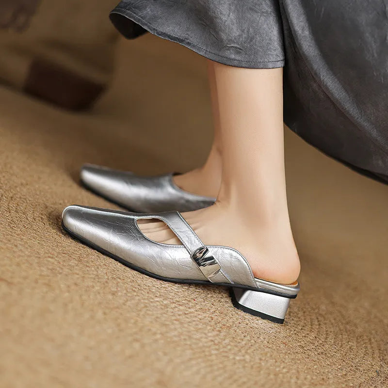 British style square toe outdoor slippers in black with artificial PU upper and rubber sole