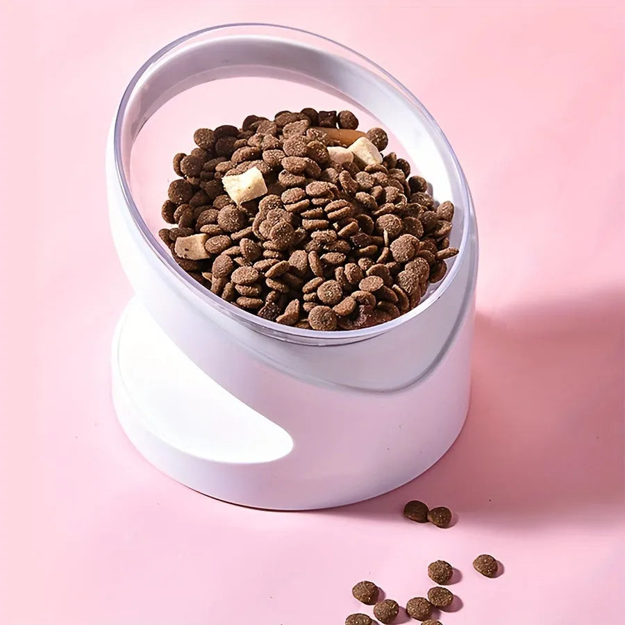 White elevated plastic cat food bowl with tilted design for anti-vomit feeding and neck protection