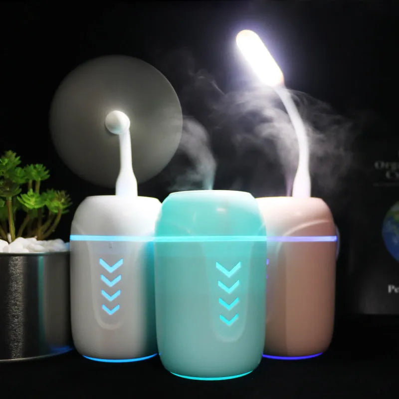X3 portable car humidifier in columnar design with USB cable, showing blue colour option