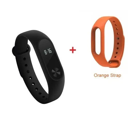 Black Xiaomi Mi Band 2 fitness tracker with OLED screen on an adjustable thermoplastic wrist strap.