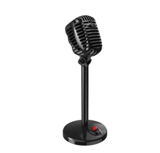 Black USB computer microphone with adjustable stand on desktop