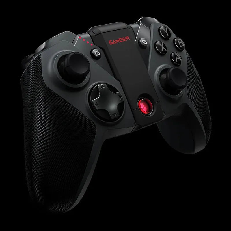 Black game console handle with type-C connector and standard controller layout