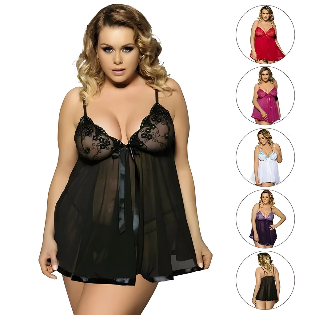 Women's lace sleepdress with mesh detailing in extended sizing up to 6XL
