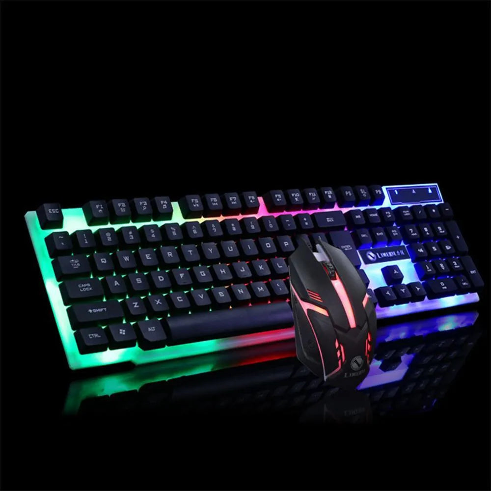 GTX300 black and white wired gaming keyboard and mouse set with backlit keys on a desk