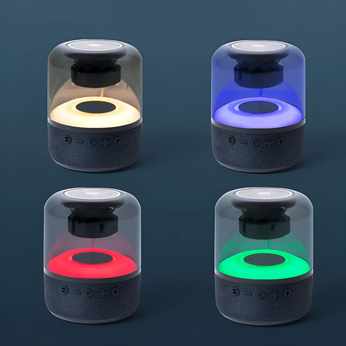 Black wireless Bluetooth speaker with multi-colour LED halo lights glowing around its base.