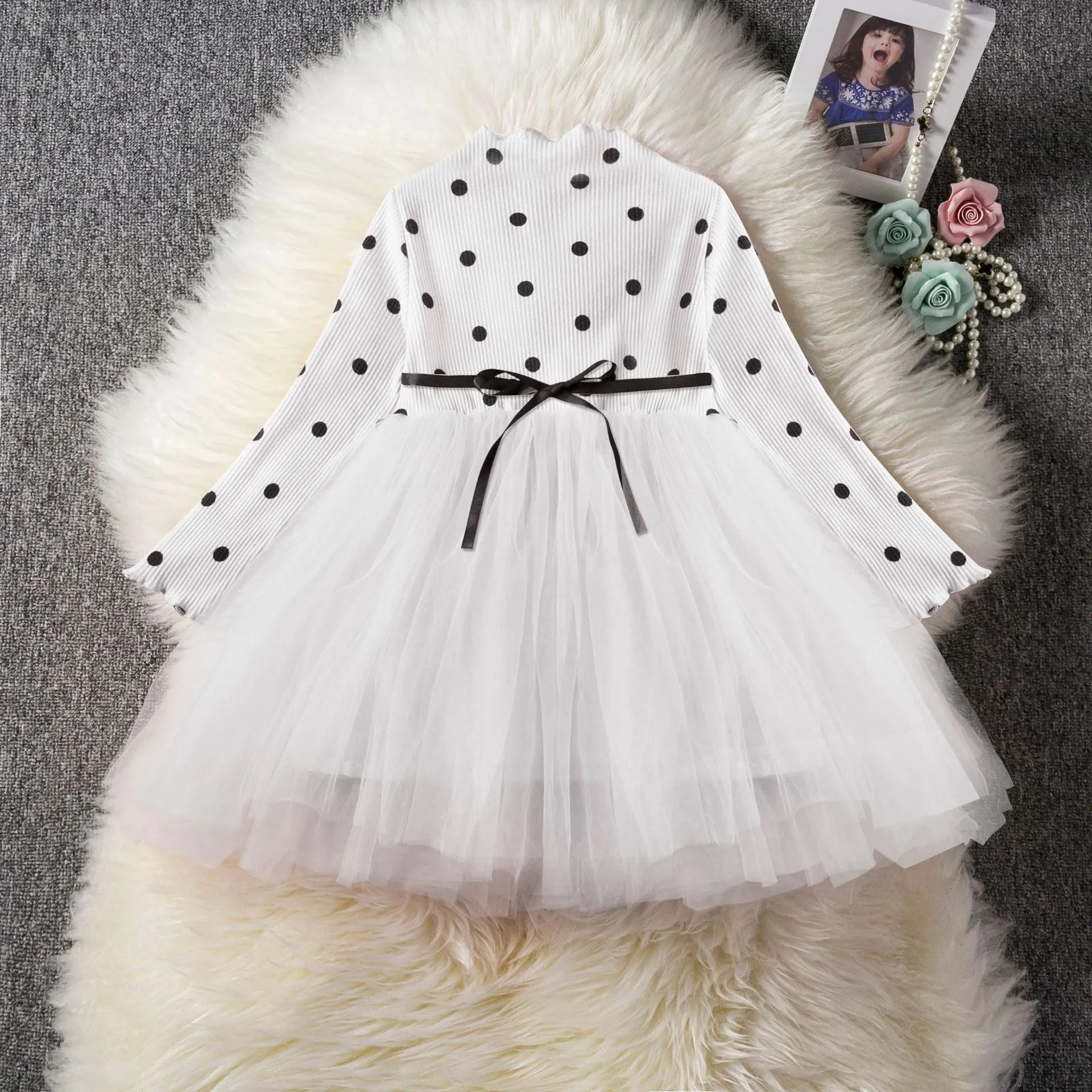 Baby girl's long sleeve lace tutu dress in black, pink, or white for birthdays and christenings