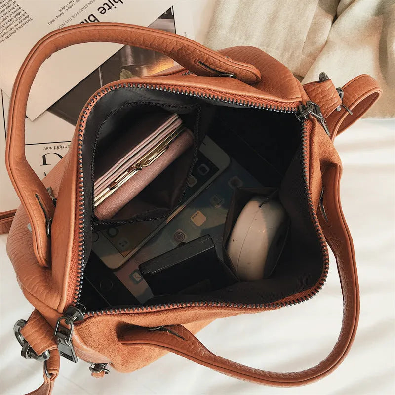 Large soft PU leather casual tote shoulder bag for women with zipper closure in black colour
