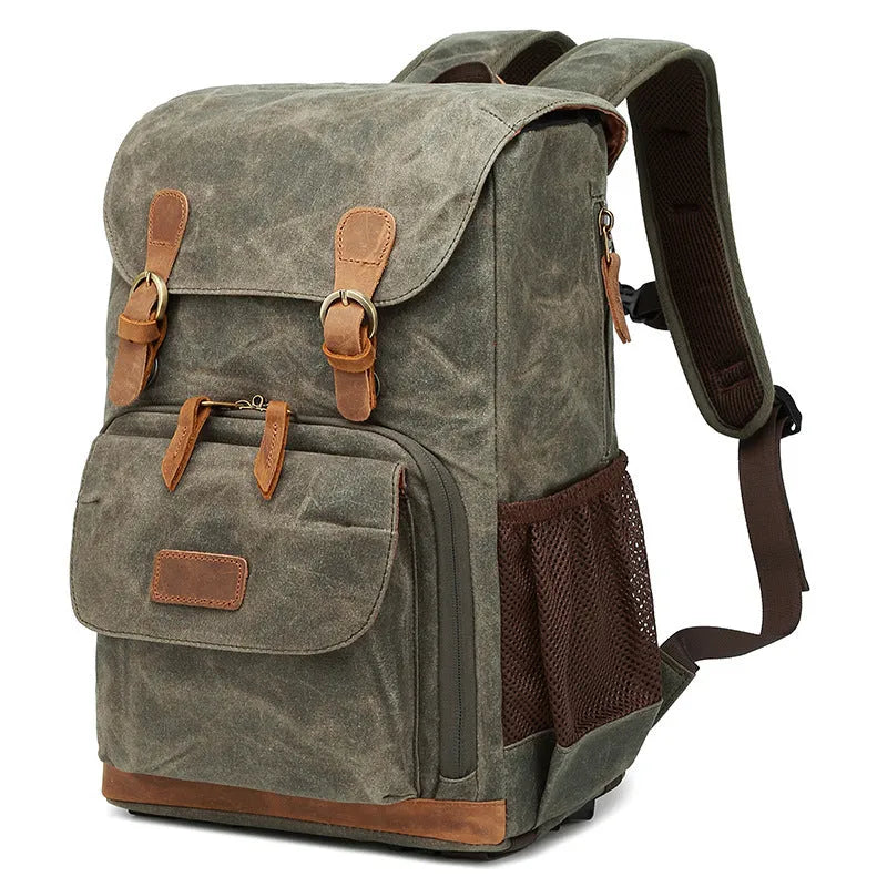 Canvas DSLR camera backpack in khaki colour with backpack straps and main compartment.