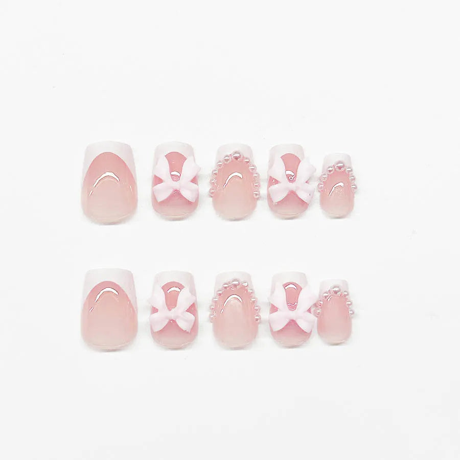 False nail tips French manicure set with tulip bow starry sky designs in short European square shape