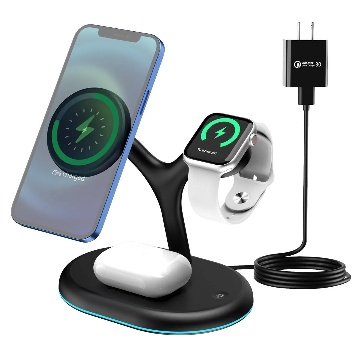 Black magnetic wireless charger with power bank and phone stand functions