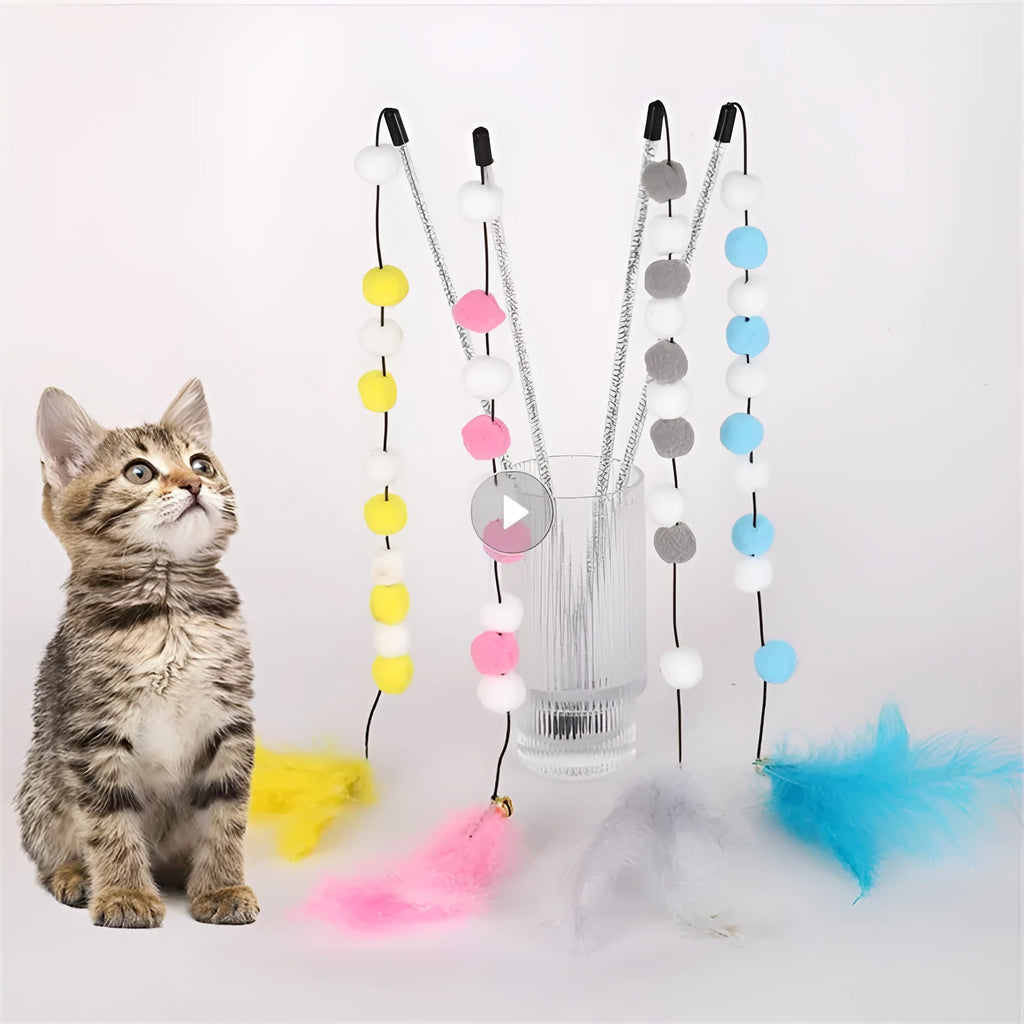 Colourful cat teaser stick with bell, feather, and acrylic pom-pom attachments on 31cm stick