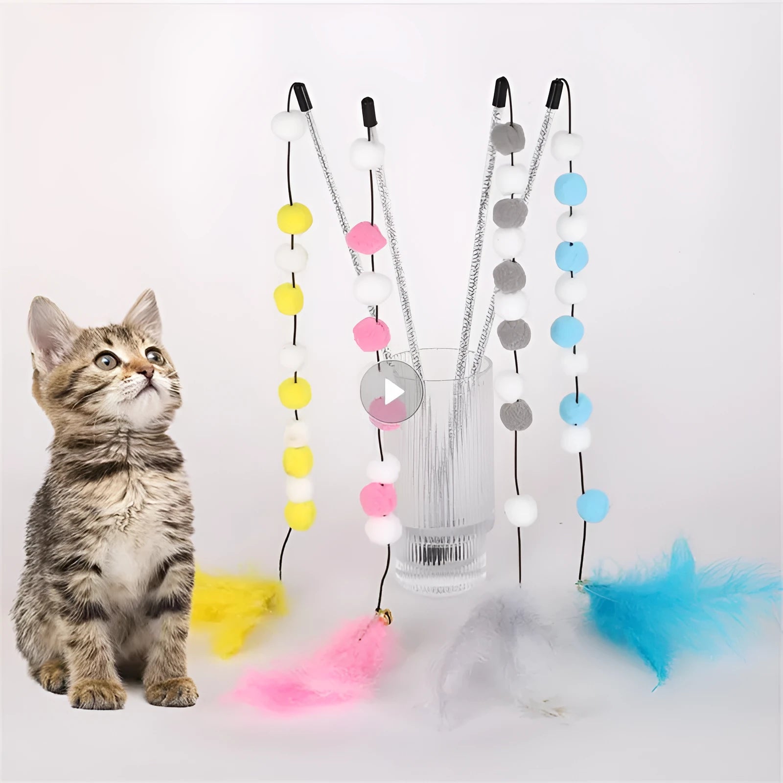 Colourful cat teaser stick with bell, feather, and acrylic pom-pom attachments on 31cm stick