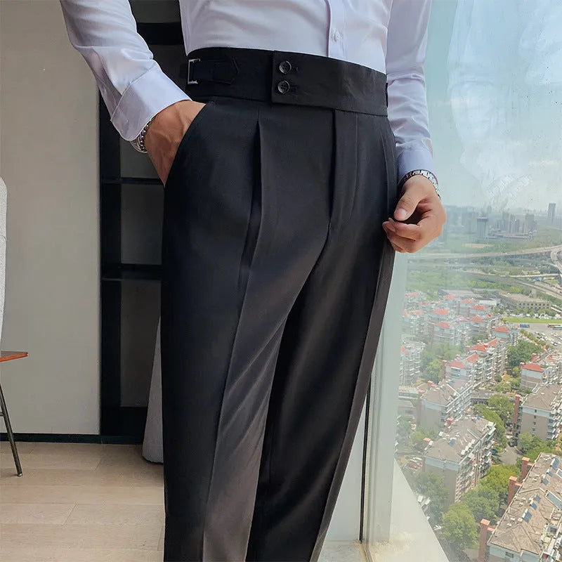 Men's straight-leg casual trousers in solid colours on a neutral background.