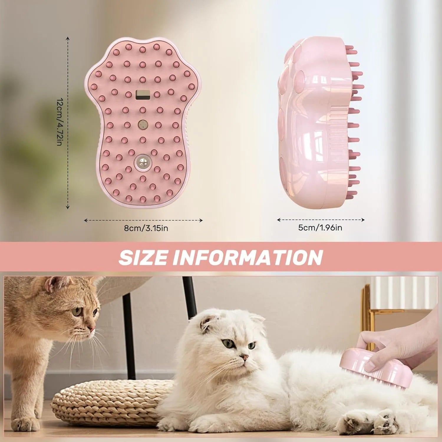 Self-cleaning cat steam brush with silicone bristles and release button in blue, green, or pink colours