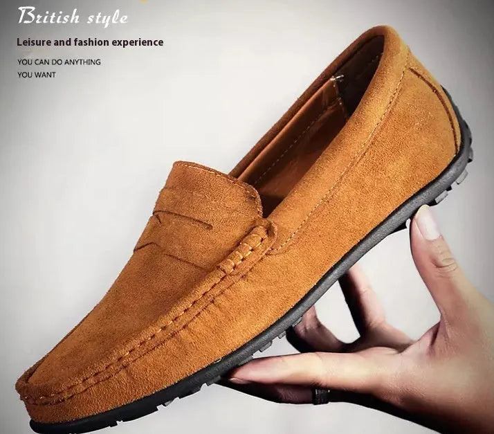 Men's suede Gommino casual shoes in brown with round toe and flat rubber sole