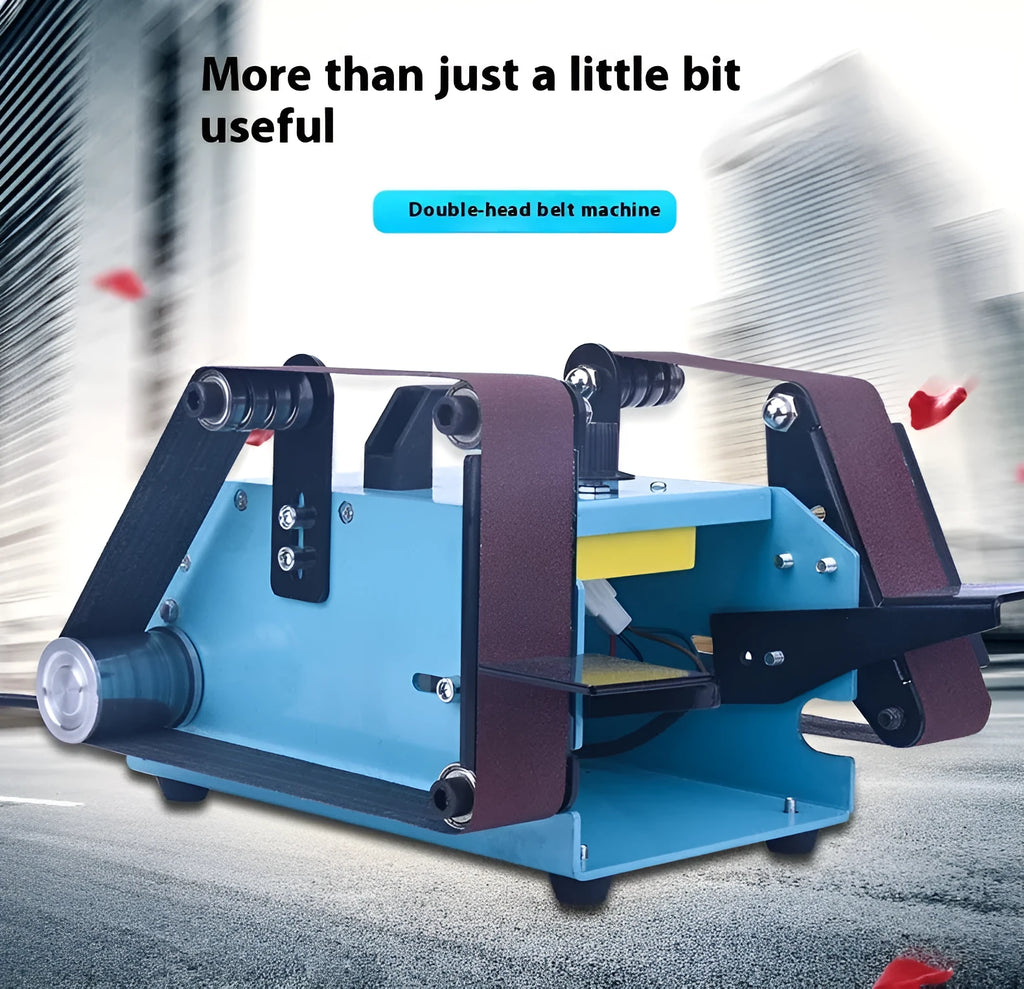 Blue desktop dual-axis belt sander with abrasive belt, variable speed switch, and compact metal frame.