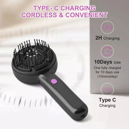 Black anti-leak hair brush massager with USB charging port and mechanical speed controls
