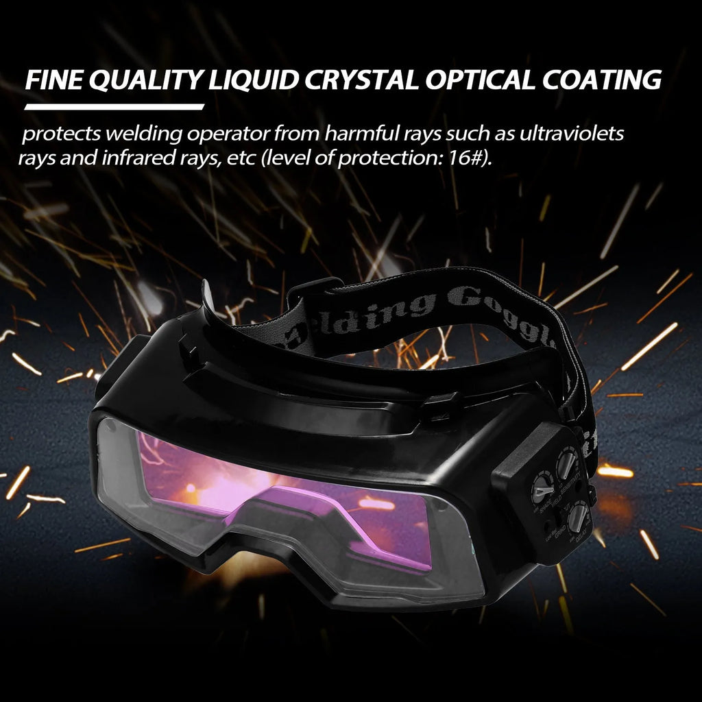 Black automatic darkening welding mask with large viewing window and adjustable controls