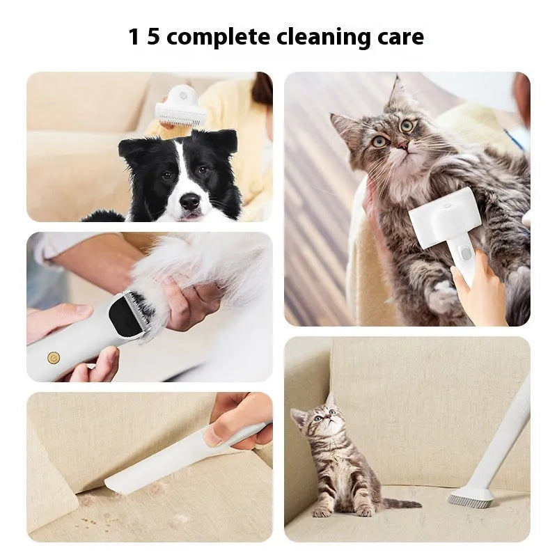 Pink and white pet grooming vacuum cleaner with electric clipper and multiple grooming attachments