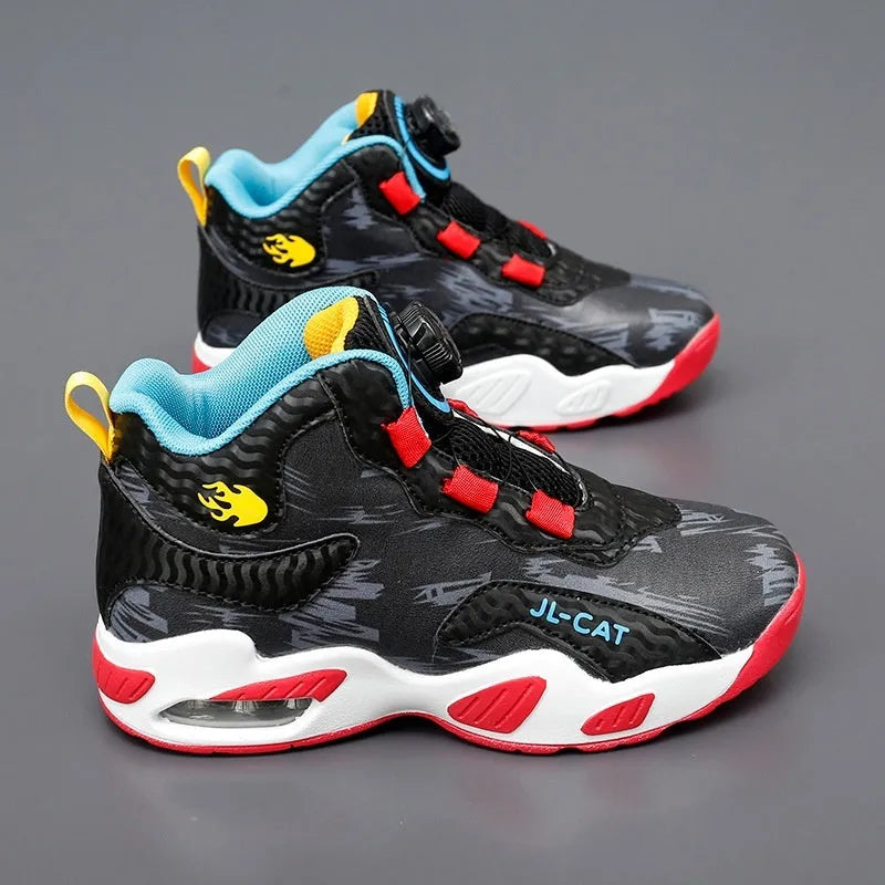 Children's rotating button basketball shoes in multiple colours with waterproof synthetic leather construction