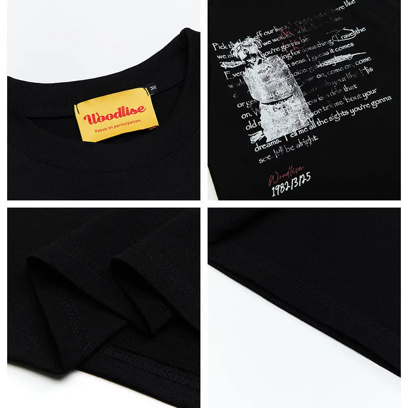 Men's black and white pure cotton T-shirt with printed letters, raglan sleeves, and loose retro hip hop style