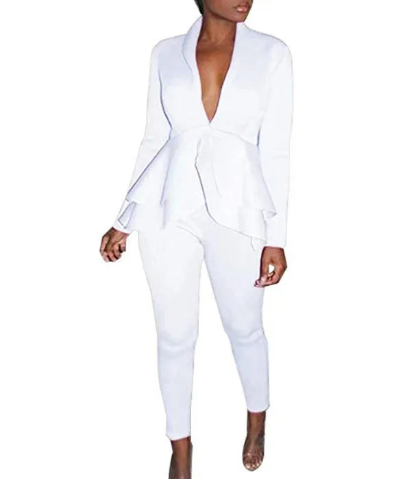 Ruffled air layer top and pencil trousers uniform set in sanitary cloth polyester fabric