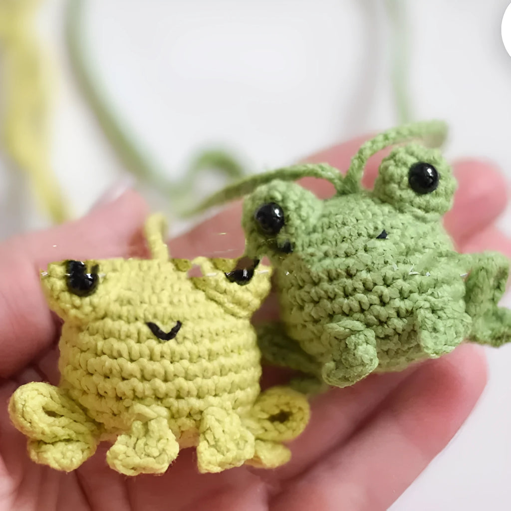 Handmade woven plush frog pendant for car interior decoration in green colour