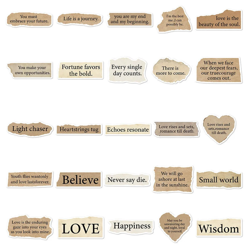 Pack of 25 torn English style PVC waterproof stickers for laptop and notebook decoration measuring 4-7cm