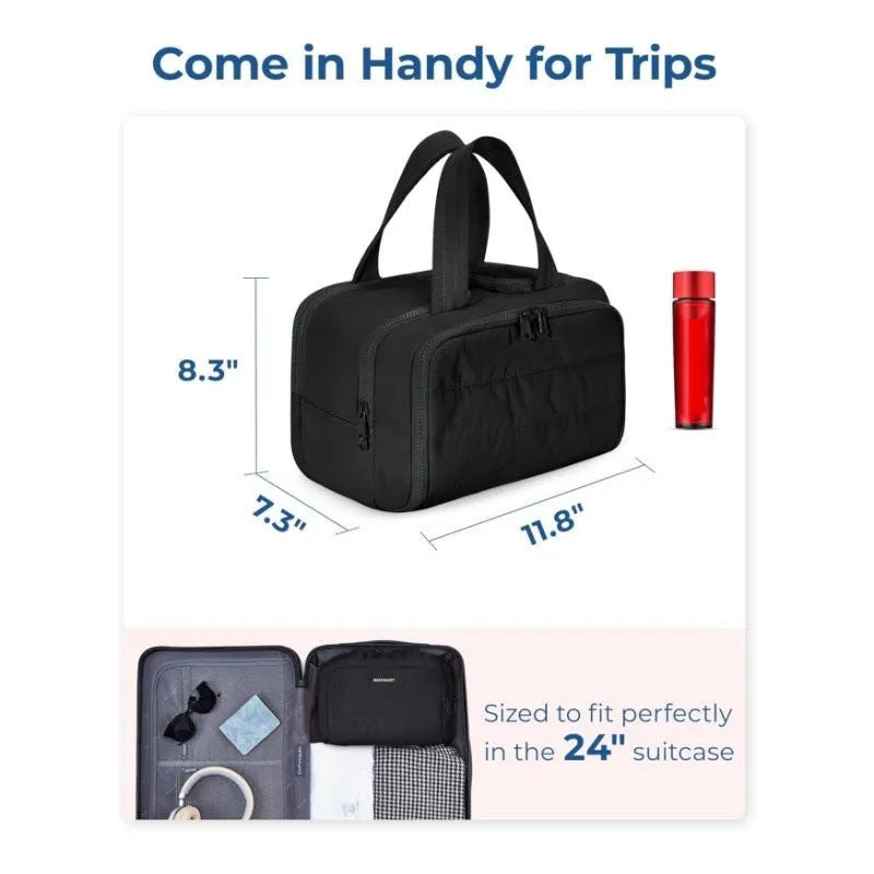 Large open-top travel toiletry bag in polyester, showing spacious interior and modern style.