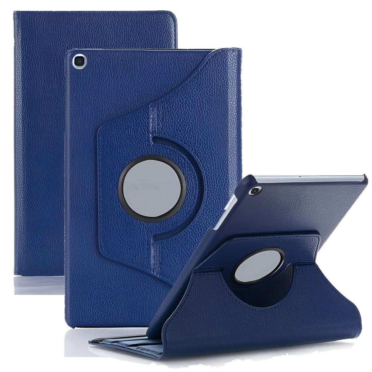 iPad rotating protective sleeve in imitation leather, showing clamshell design in solid colour options like black, blue, or pink.