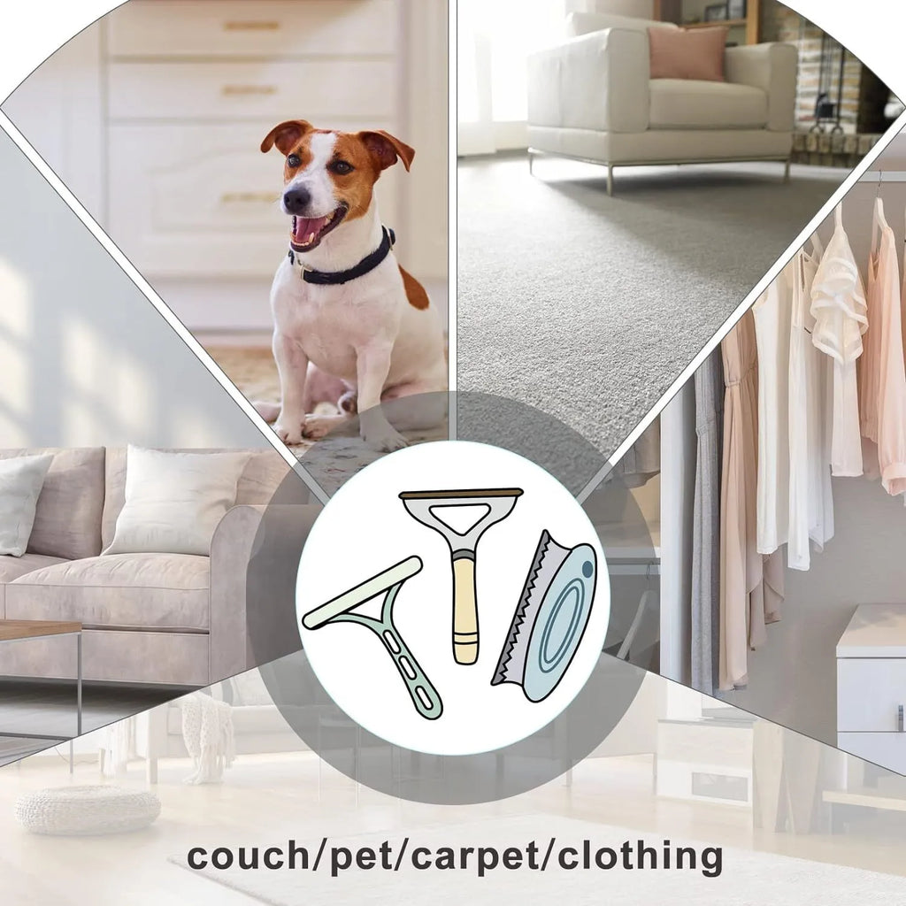 Three reusable pet hair removal tools: a metal lint shaver, a silicone brush, and a round scraper for sofas and cars.