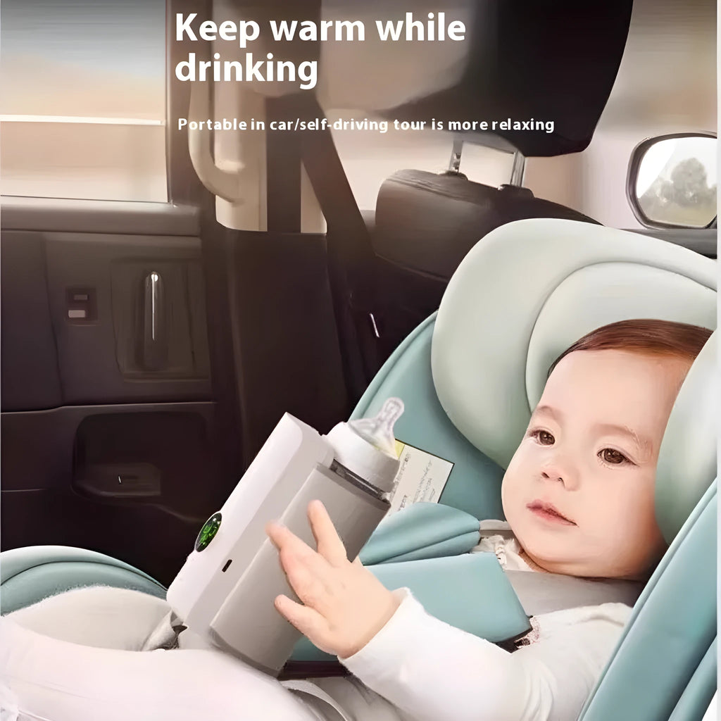 Gray and white electric car milk warmer with PU leather finish and constant temperature heating for baby bottles.