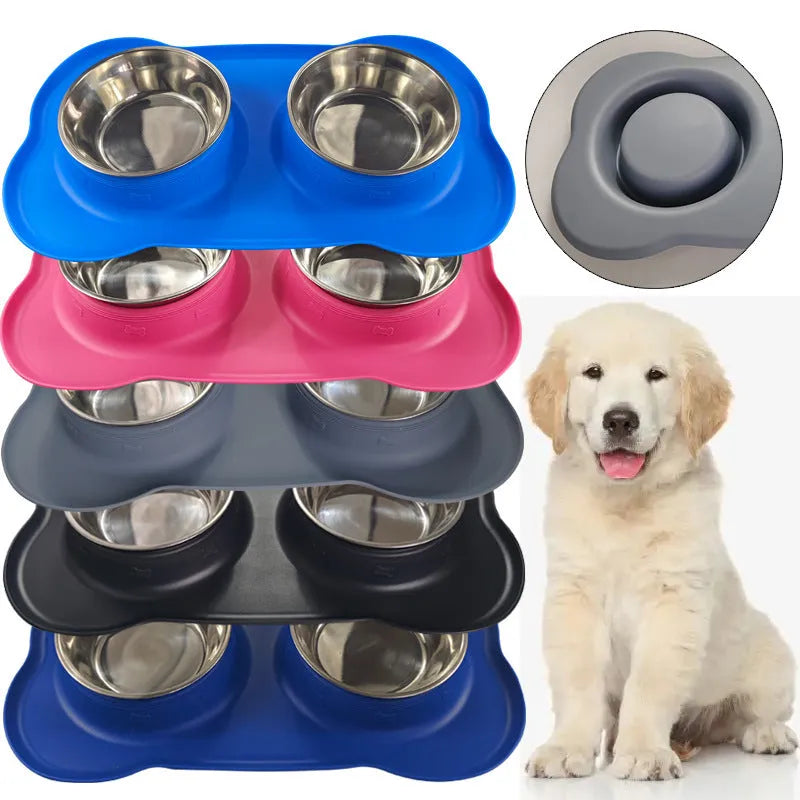 Large double compartment silicone dog bowl with stainless steel base in blue colour