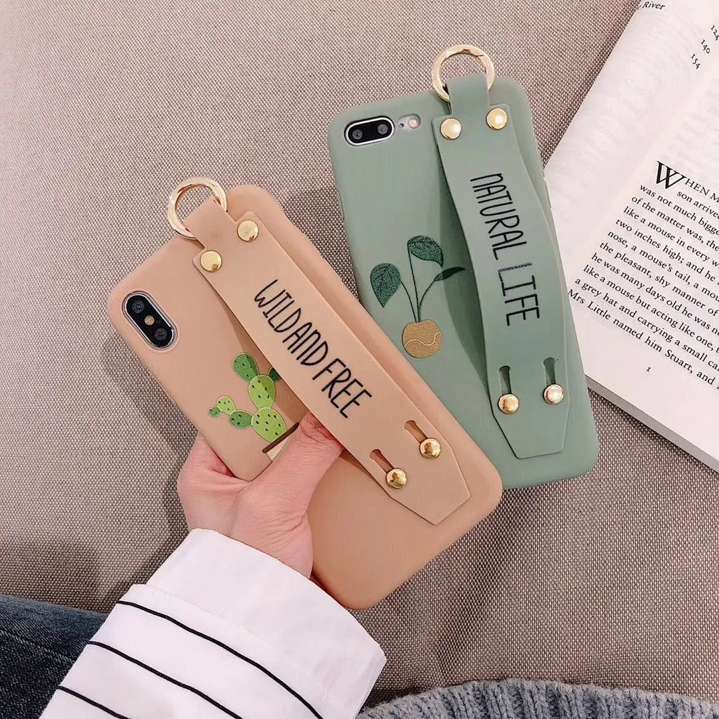 Green graffiti style wristband holder phone case for iPhone on a white background