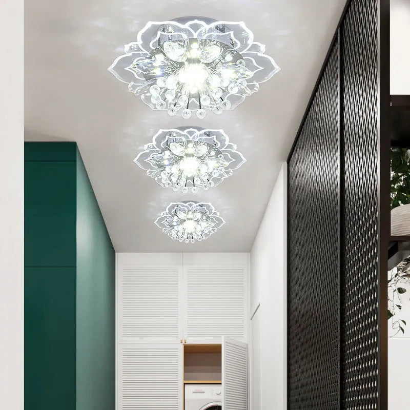 Modern crystal ceiling lamp with flower-shaped shade and LED light source for living room or bedroom