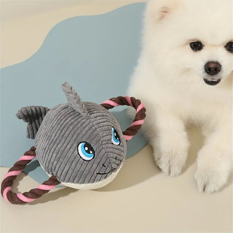 Turtle-shaped dog chewing toy with plush fabric and knotted rope in grey colour