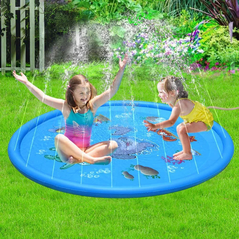 Blue PVC children's water spray mat with marine animal print measuring 100cm by 170cm