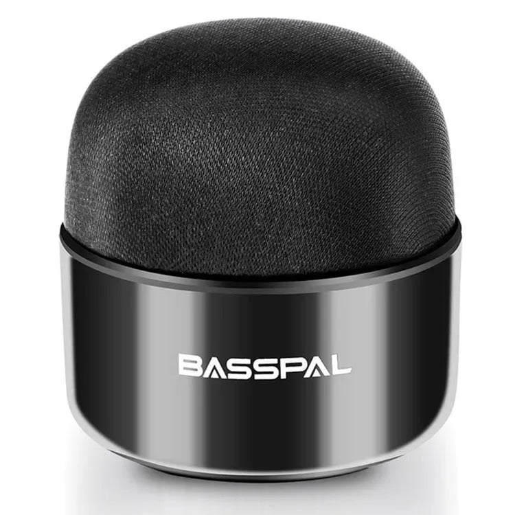 Black portable mini Bluetooth speaker showing waterproof design and control buttons