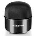 Black portable mini Bluetooth speaker showing waterproof design and control buttons