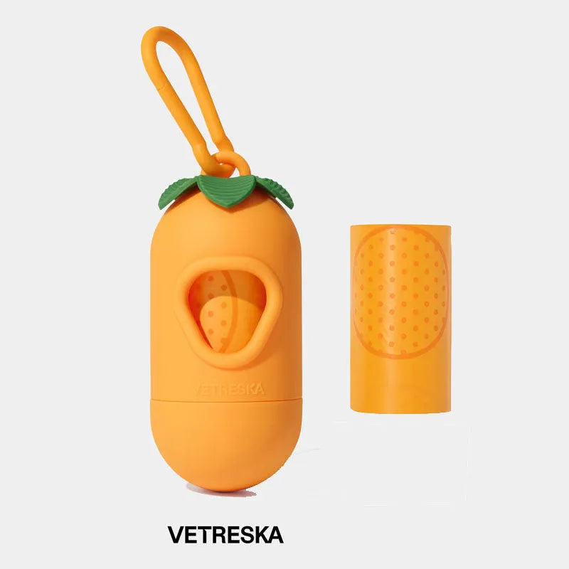 Dog waste disposal capsule with biodegradable bags in strawberry, orange, and cherry blossom colour options