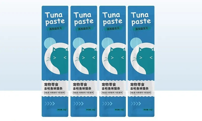 Pack of 10 soft cat snack strips in four flavour varieties: chicken, duck, salmon, and tuna.