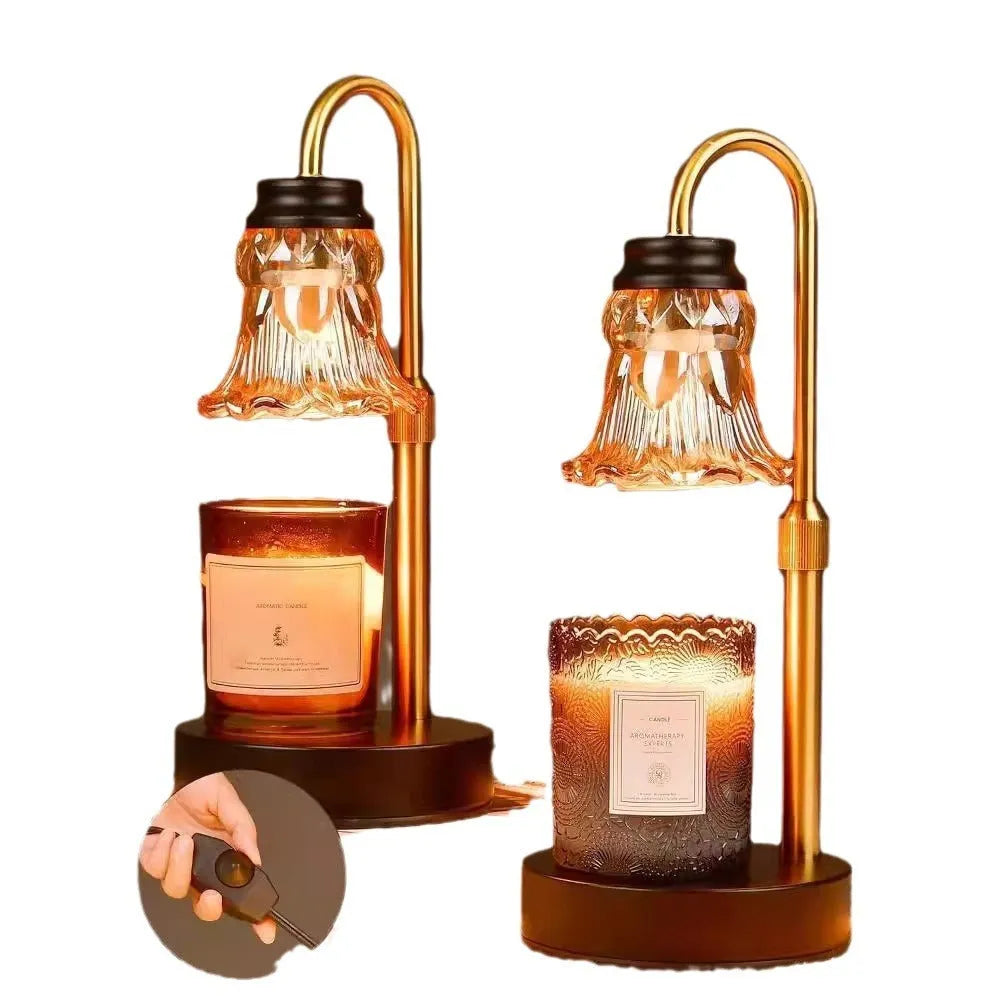 Lifting aromatherapy wax melting lamp with bamboo base on a table