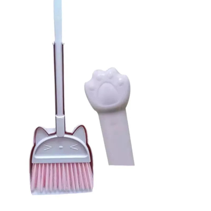 Purple, green and beige broom and dustpan combination set with rotating brush holder