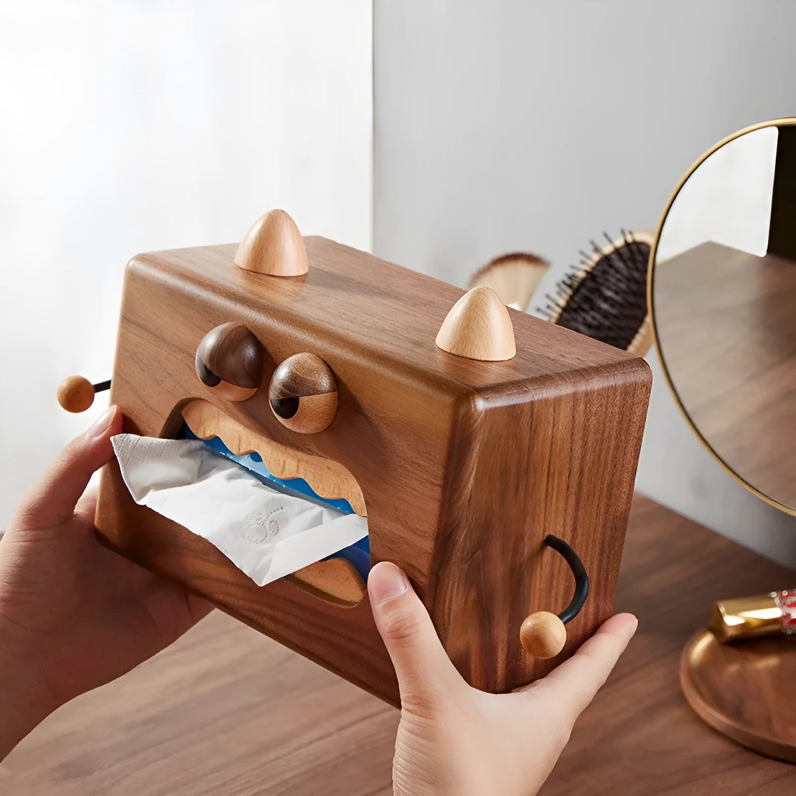 Little Monster cartoon wooden tissue box in walnut beech colour measuring 190mm wide