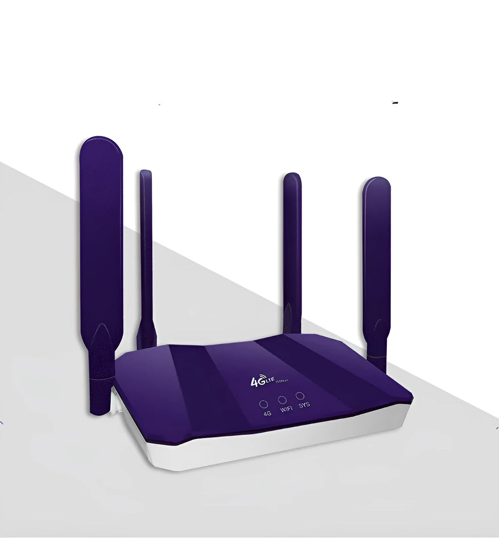 Blue 4G dual mode wireless router with four external antennas on a desk.