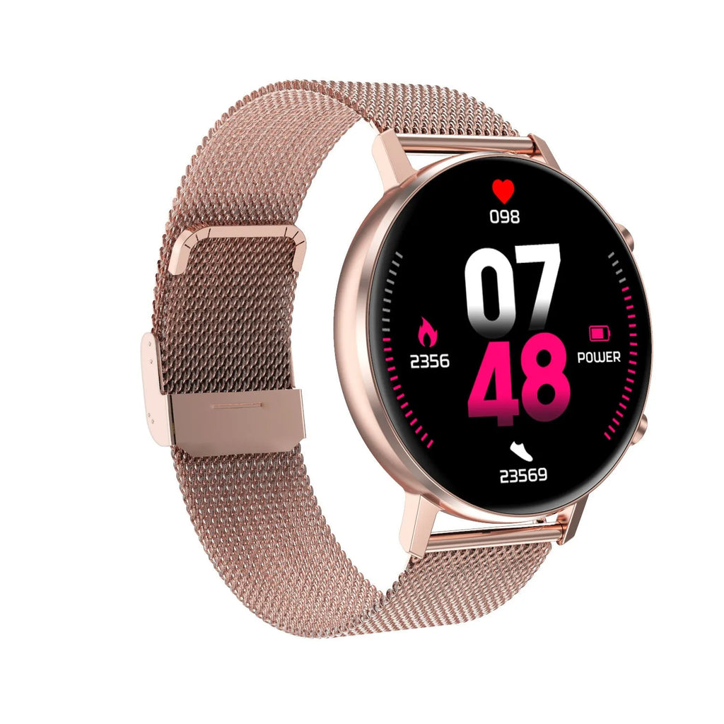 DT96 smart bracelet with rectangular touchscreen display and stainless steel wrist strap