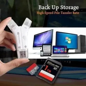 White 4-in-1 card reader with Lightning, USB, Micro USB and Type-C connectors for iPhone and Android phones