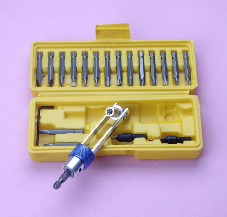 Half Time Drill Driver tool with swivel head and set of 18 Phillips, flathead, and countersink bits.
