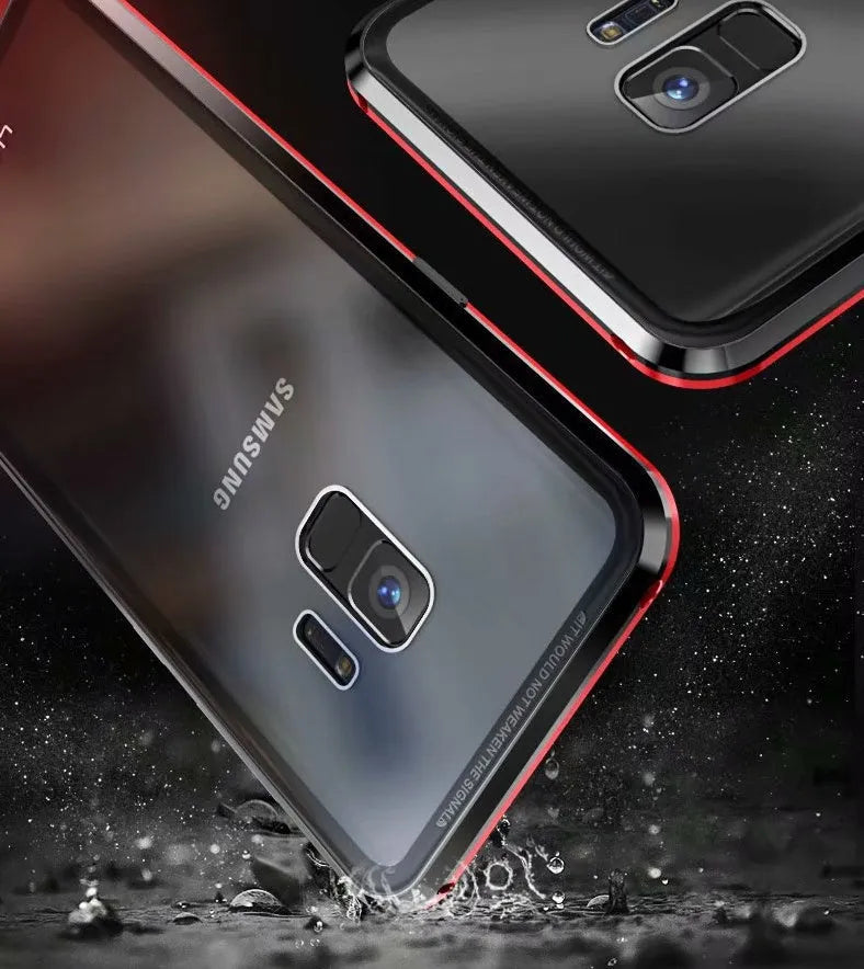 Magnetic privacy phone case for Samsung Galaxy with double-sided glass construction in black colour