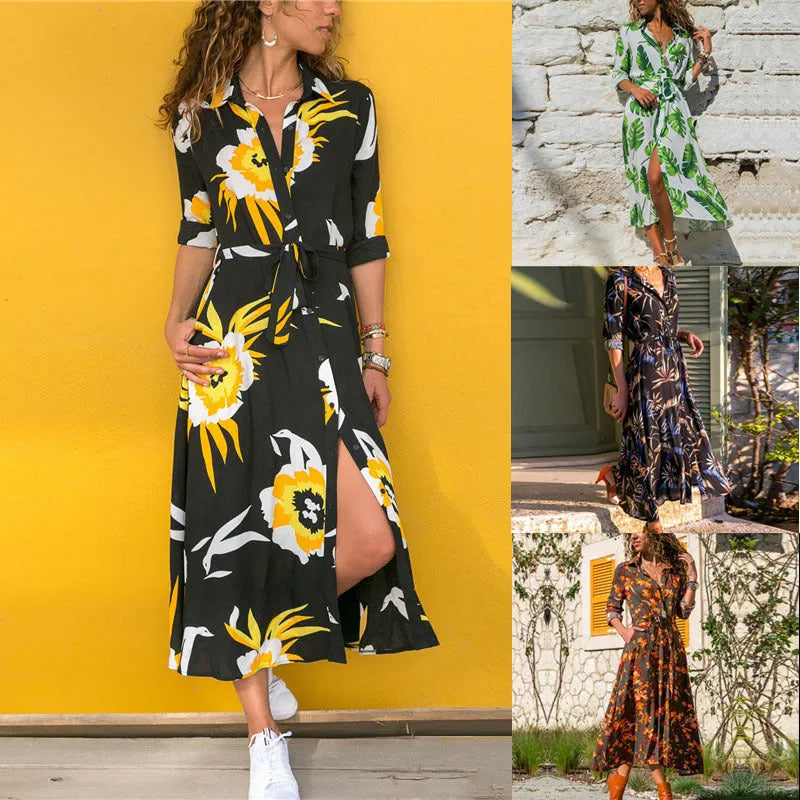 Women's vintage-inspired chiffon summer dress with V-neck and printed A-line skirt.